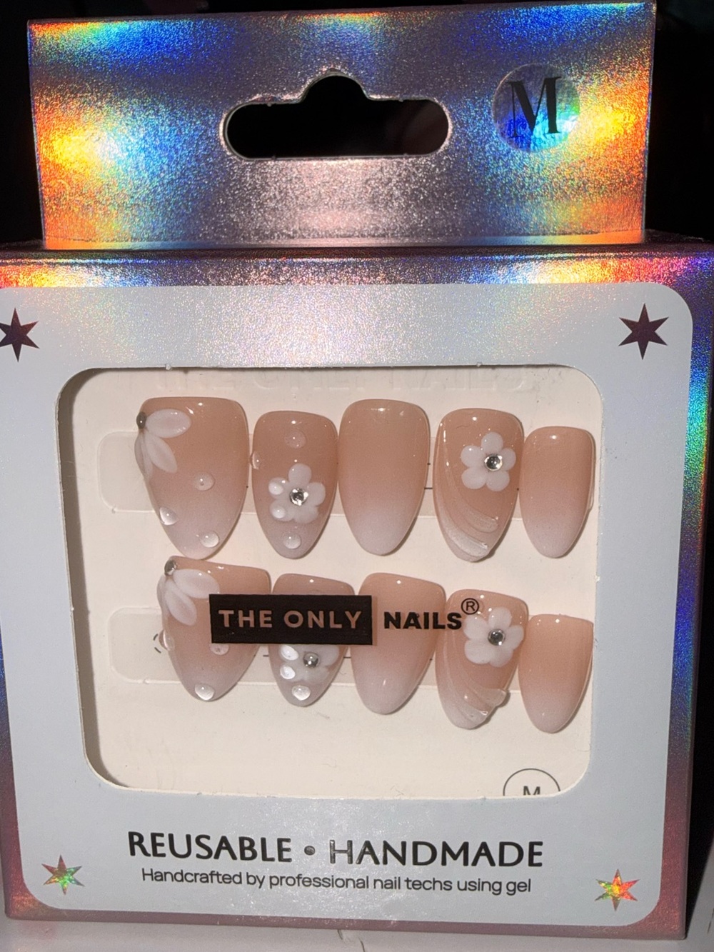 The Only Nails Reusable Handmade Nude Press-On Set with White Floral Accents